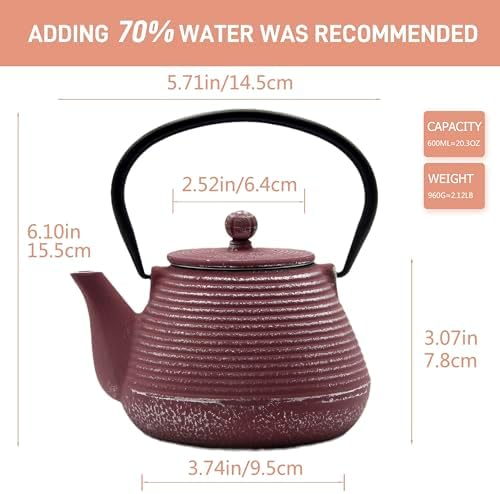 20.3oz Small Cast Iron Teapot, SECHUDO Tea Kettle for Stovetop Safe Coated with Enameled Interior, Tea Pot with Stainless Steel Infuser for Loose Tea (Pink Pinstripe Pattern) - Image 6