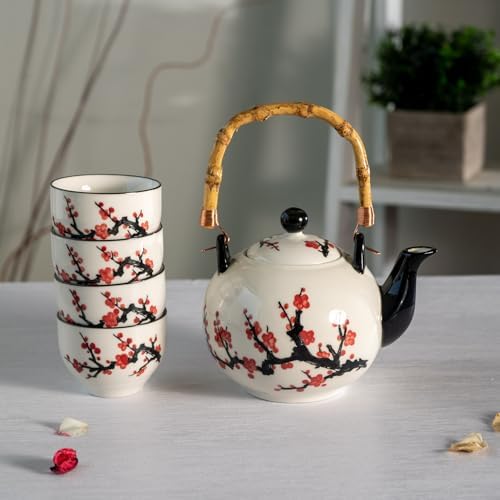 Japanese Cherry Blossom Design Ceramic Tea Set 30 fl oz Teapot and 4 Cups with Stainless Steel Tea Infuser Bamboo Handle - Image 4