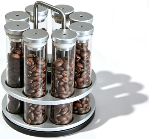 8 Single Dose Espresso Bean Cellars, Coffee Bean Storage Tubes, with Rotatable Display Rack & Funnel, One-Way Exhaust Valve, 20g Single Bottle Capacity, for Home, Barista by Unknown
