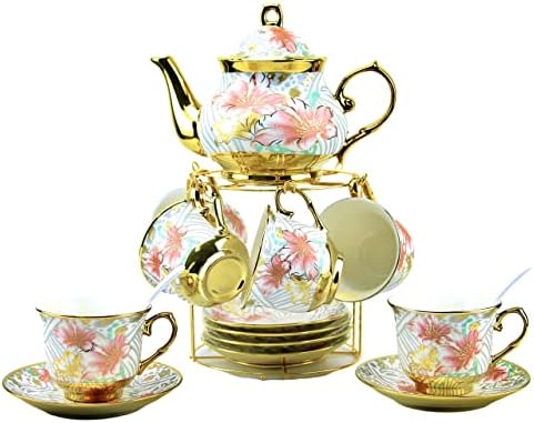 20 Pieces Porcelain Tea Set With Metal Holder, European Ceramic tea set for adults,Flower Tea Set,Tea Set For Women With Flower Painting (Large version, White) by TATSUMI