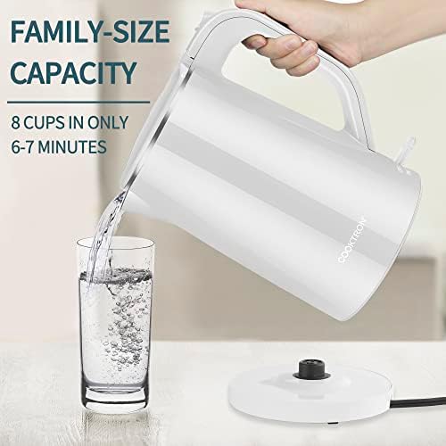 COOKTRON 1.7L Electric Kettle Quiet, Double Wall Hot Water Boiler BPA-Free, Quiet Boil and Cool Touch Tea Kettle, Cordless with Auto Shut-Off & Boil Dry Protection, 1500W Fast Boiling, White - Image 6