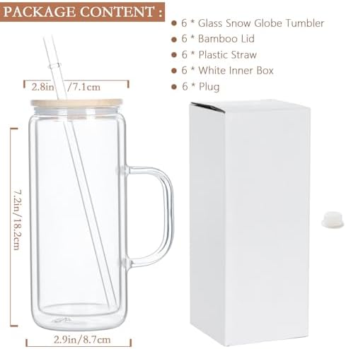20 Oz Glass Snow Globe Tumbler with Handle, 6 Pack Pre-Drilled Double Wall Snowglobe Cup Coffee Mug for DIY Glitter Snow Globe, Outside 20 Oz Inside 16 Oz - Image 6