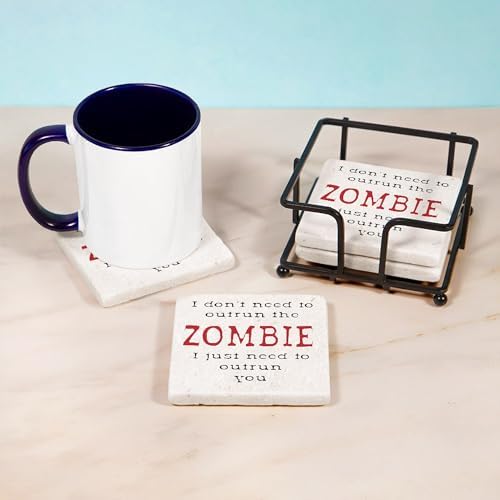 CafePress Outrun The Zombie 3 Tumbled Stone - Set of 4 Coasters Set of 4 w/holder - Image 3
