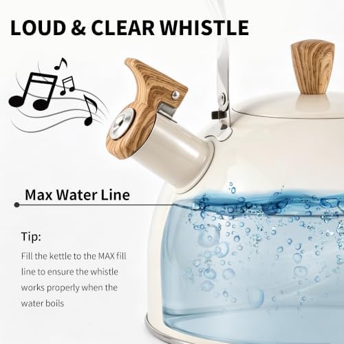 Tea Kettle for Stove Top, 3.2 Quart / 3 Liter Whistling Tea Kettle, Stainless Steel Tea Pot with Wood Pattern Folding Handle, Beige - Image 2