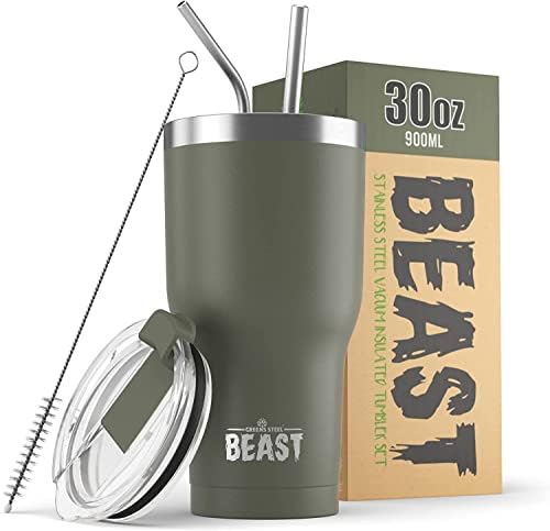 Beast 30 oz Tumbler Stainless Steel Vacuum Insulated Coffee Ice Cup Double Wall Travel Flask (Army Green) by GreensSteel