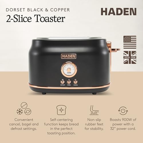 Haden Dorset 2-Slice Wide-Slot Toaster, Stainless-Steel Bread Toaster with Adjustable Browning Control, Crumb Tray & Non-Slip Feet, Black & Copper - Image 2