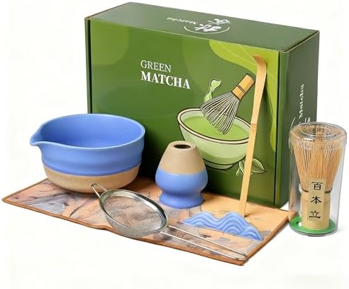 Matcha Whisk Set,7-Piece Ceramic Matcha Bowl & Bamboo Whisk Kit with Spout, Sifter, Scoop,Holder,Rest & Towel for Traditional Japanese Tea Ceremony,Ideal Gift for Matcha Lovers (Blue) by Velytycheon