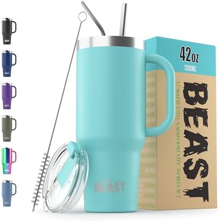 Beast 42 oz Tumbler with Handle Stainless Steel Vacuum Insulated Coffee Ice Cup Double Wall Travel Flask (Aquamarine Blue) by GreensSteel
