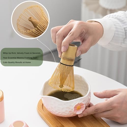 8-Piece Matcha Set - Portable Travel Tea Gift Box (Chawan, Bamboo Whisk, Chashaku, Sifter, Tea Caddy, Plate, Carry Bag) - Matcha Whisk Set (Pink) - Image 5