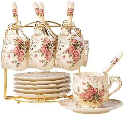 YOLIFE Tea Cups and Saucers Set of 6, 8 OZ Pink Rose Coffee Cups by YOLIFE