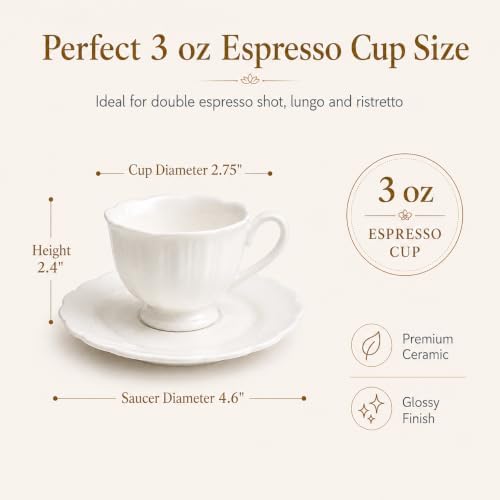 Espresso Cups and Saucers Set of 6, 3 oz White Orchid - Image 3