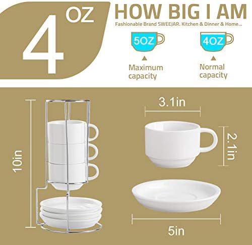 Sweejar Ceramic Espresso Cups with Saucers, 4 Ounce Stackable Cappuccino Cups with Metal Stand for Coffee Drinks, Latte, Tea - Set of 4 (Black) - Image 6