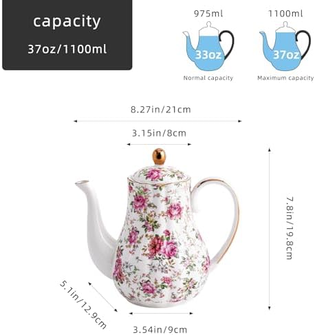 Agyiuns Tea Pot, Porcelain Teapot 37oz,tea pots for tea party,Tea Infuser Pots for Blooming loose Leaf Tea (White with flower) - Image 2