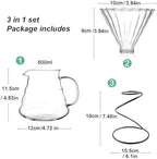 Pour Over Coffee Maker Set, Includes Glass Coffee Dripper, Metal Dripper Stand and Heat Resistance 600Ml Coffee Server,Black - Image 3