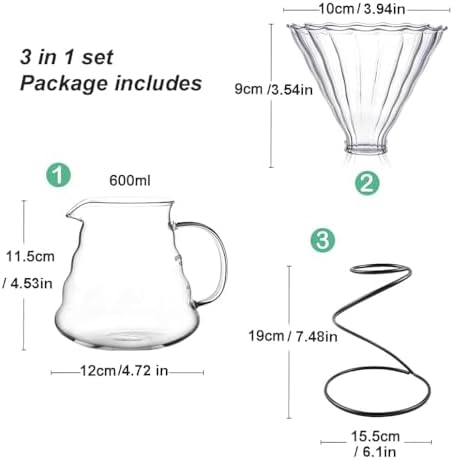 Pour Over Coffee Maker Set, Includes Glass Coffee Dripper, Metal Dripper Stand and Heat Resistance 600Ml Coffee Server,Black - Image 3