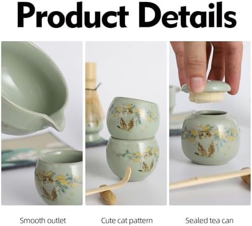 11 Pcs Matcha whisk Set,13 OZ,With 2 Cups and 1 Tea Can,Unique Cat Pattern Design，Complete Matcha Kit Set,Japanese Matcha Set,Perfect Matcha Kit for Matcha Tea Ceremony(Cat-Green) - Image 4
