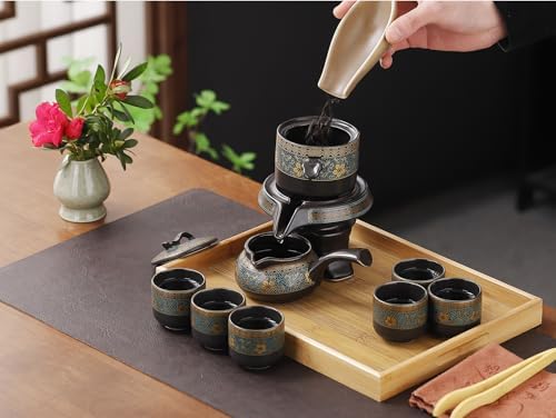 Japanese tea set with Infuser Semi Automatic Tea Set Magic Teapot with 6 cups Japanese Teapot Set,Gongfu Tea Set Chinese tea set (Automatic-Golden Flower) - Image 5