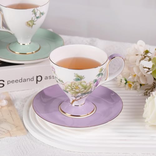 KAMMAK Ceramic Coffee Cups Saucers Set of 2, Porcelain Espresso Cups with Saucers, 8.12 oz Handcrafted Elegant Bone China Tea Cups, Purple Purple & Mint Green Flower Teacup for Party, Office, Gift - Image 7
