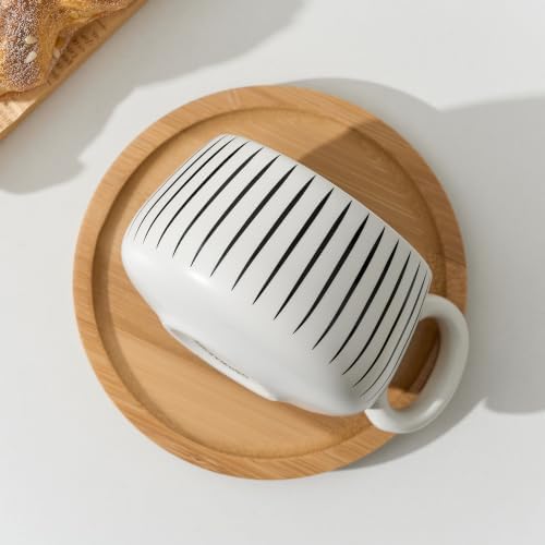 LUKA 7.77 oz Ceramic Cappuccino Cups with Bamboo Saucers and Metal Stand, Set of 4 Large Elegant Porcelain Coffee Cup for Latte, Cafe Mocha, Tea, Espresso, Dishwasher Safe, Stripe White - Image 7