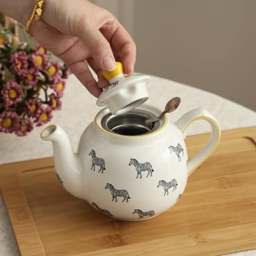 Farmhouse Animal Pattern Teapot with Infuser for Loose Leaf Tea, 20.3 Fl oz (600ml), White with Animal Illustration (Zebra) - Image 6