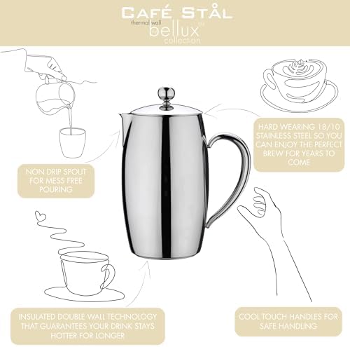 Bellux Thermal Wall Collection Premium 3-Cup (350ml) Cafetière, Hollow Handles, Drip-Free Spout, 18/10 Stainless Steel, Mirror Polished Finish, Silver - Image 5