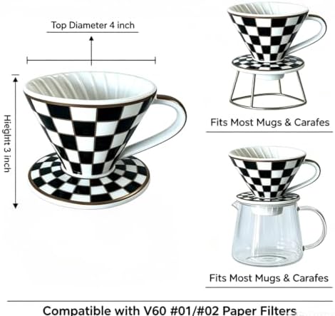 Checkerboard Pour Over Coffee Dripper, Vintage V60 Style Slow Drip Brewer - Image 3