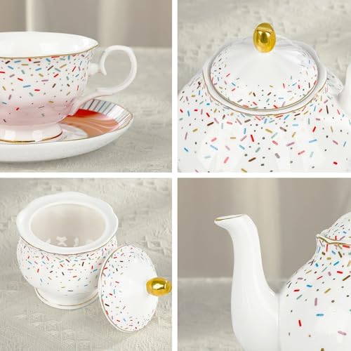 fanquare 21-Piece Colorful British Porcelain Tea Sets, 6 Cups and Saucers Set for Party, Rainbow Sprinkle Sugar Pattern Coffee Set for Adults, Birthday, Holiday, Celebrations - Image 3