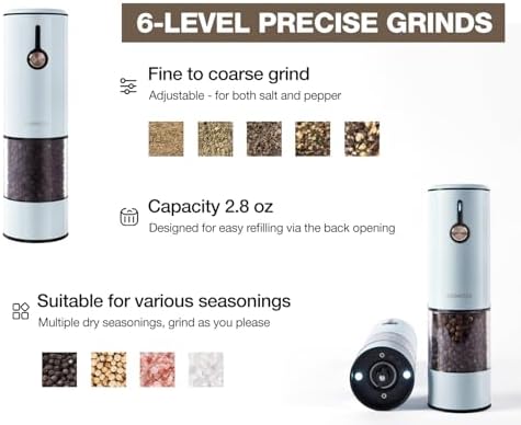 Electric Pepper Grinder and Salt Mill Set - Large Capacity USB Rechargeable Automatic Grinder with Dual LED Lights, One-Handed Operation & Slide Cover - Brushed Stainless Steel - Image 4