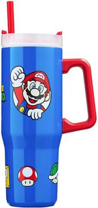 Get Trend Super Mario Tumbler with Handle and Straw 32 oz, Keeps Hot 8 Hrs, Cold 12H & Ice 42H, BPA-Free Insulated Stainless Steel Water Bottle, Travel Mug, Gamer Gifts (Blue Super Mario) by GetTrend