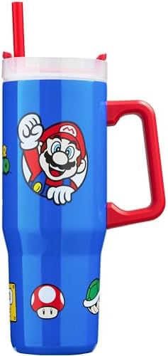 Get Trend Super Mario Tumbler with Handle and Straw 32 oz, Keeps Hot 8 Hrs, Cold 12H & Ice 42H, BPA-Free Insulated Stainless Steel Water Bottle, Travel Mug, Gamer Gifts (Blue Super Mario) by GetTrend