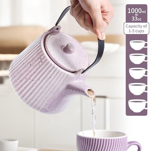 Yundu Ceramic Teapots for Tea, 1000ml/33.8oz Tea Pot with Infusers for Loose Tea, Striped Tea Pot with Removable Tea Infuser - Reactive Pueple - Image 2