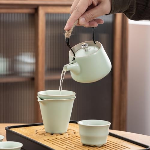 Travel tea set,Portable ceramic tea set,Chinese tea set,Tea sets for adults,Tea pot sets,Portable Travel Bag,Home,Gifting,Outdoor and Office,茶具 (Light green) - Image 4