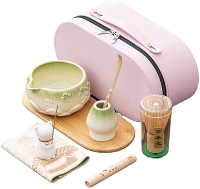 Matcha Whisk Set, Zen Travel Ceremony Kit with Cat Figurine & Incense, 9-Piece Portable Set with Bowl, Bamboo Whisk & Bag (K) by Unknown