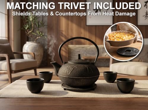 85 Oz XXL Black Bamboo Cast Iron Teapot, Enamel Interior, Infuser & Trivet - Image 4