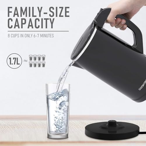 COOKTRON 1.7L Quiet Electric Kettle, Double Wall Hot Water Boiler BPA-Free Cool Touch Tea Kettle, Cordless with Auto Shut-Off & Boil Dry Protection, 1500W Fast Boiling, Black - Image 2