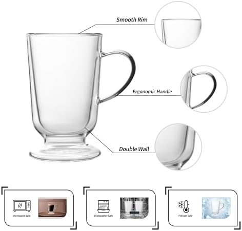 NIRA.Z 12.5 OZ Double Walled Glass Coffee Mugs with Handle Set of 4 Clear Insulated Irish Coffee Cups Hand Blown Glass Cups for Hot Cold Beverages, Cappuccino, Latte, Tea, Espresso, Juice, Americano - Image 4