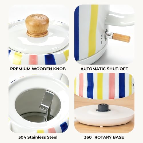 Hand-Painted Vertical Striped Ceramic Electric Kettle 1.0L - 1000W Fast Boil with Wooden Lid, Auto Shut-Off & Boil-Dry Protection for Coffee and Tea - Image 7