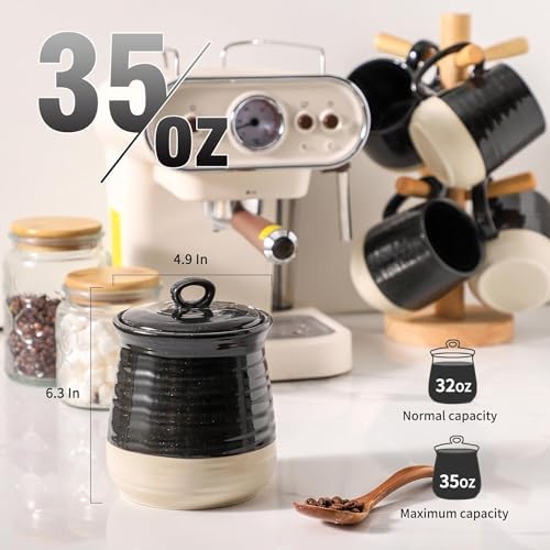 Ceramic Food Storage Jar,Coffee Canister for Countertop with Lids Airtight,Large Flour,Spices,Beans,Rice and Candies Containers for Kitchen and Home,Farmhouse Kitchen Decor,35 OZ Black - Image 2