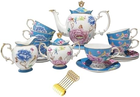 Bone China Tea Set, Vintage Floral Tea Sets for Adults, 21-Piece Blue Porcelain Tea Sets for 6, Bird Tea Cup Set with Teapot, Sugar Bowl, Creamer, Gold Trim, Perfect Gift for Tea Lovers by PANAOAHU