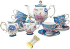 Bone China Tea Set, Vintage Floral Tea Sets for Adults, 21-Piece Blue Porcelain Tea Sets for 6, Bird Tea Cup Set with Teapot, Sugar Bowl, Creamer, Gold Trim, Perfect Gift for Tea Lovers by PANAOAHU