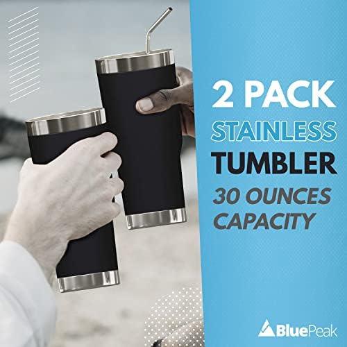 BluePeak Double Wall Vacuum Stainless Steel Insulated Tumblers Set, 2-Pack - Includes 2 Sipping Lids, 2 Spill-Proof Sliding Lids, 2 Straws, 1 Cleaning Brush & Gift Box (30 oz, Black) - Image 2