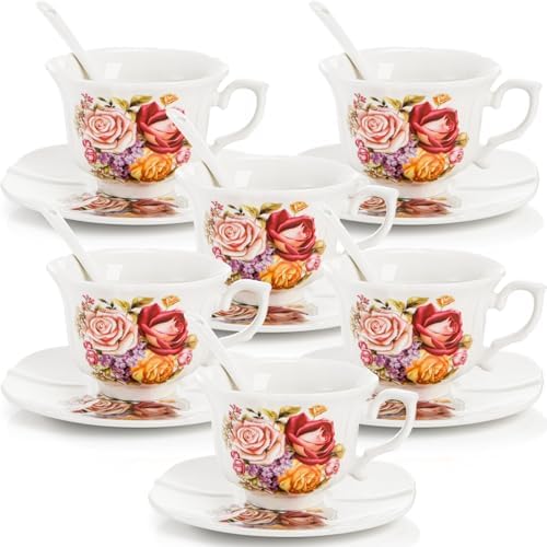 Pumtus Tea Cups and Saucers Set of 6, 8 OZ Vintage Ceramic Teacups with Spoon, Floral Rose British Coffee Mug, Elegant Bone China Cup Gift Set for Cappuccino, Espresso, Latte, Afternoon Tea Party by Pumtus