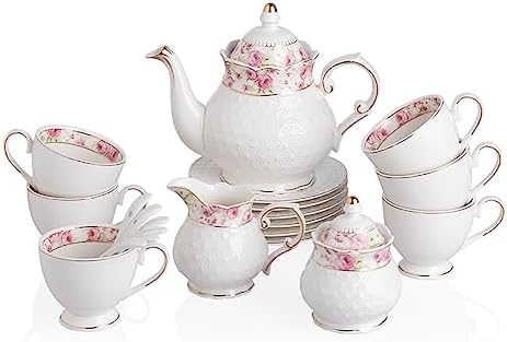 Sweejar 21 Piece Porcelain Tea Set, Vintage British Floral Relief Gold Rimmed Teapot Cup and Saucer Set, Tea Set Service with Teapot, Sugar Bowl, Milk Jug, Spoons, Tea Cup and Saucer Set of 6(Flower) by Sweejarco1949