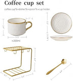 Nineteen-piece coffee set, including six porcelain coffee cups, one metal rack, six spoons, and six ceramic saucers, with hand-painted relief design, for lattes, mocha coffee, cappuccino, and tea - Image 2