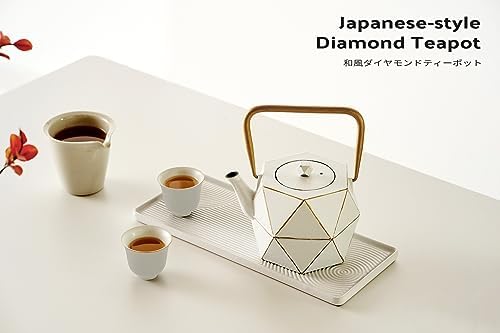 Toptier Cast Iron Teapot, Stovetop Safe Japanese Cast Iron Tea Kettle, Diamond Design Tea Pot with Removable Infuser for Loose Tea, 30 Ounce (900 ml), White - Image 2