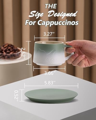 ZENS 8 Ounce Artistic Cappuccino Cups Set of 2, Embossed Ceramic Coffee Mug with Saucers for Latte Art, Moss Green & White - Image 5