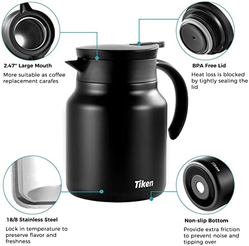 Tiken 34 Oz Thermal Coffee Carafes For Keeping Hot, Double Wall Stainless Steel Insulated Coffee Carafe, 1 Liter Beverage Pitcher (Matte Black) - Image 3