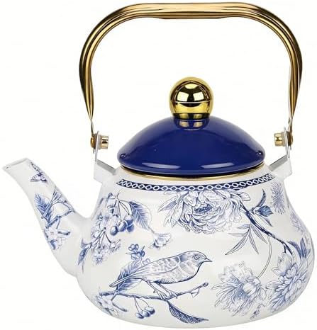 Enamel Tea Kettle, Vintage Tea Pot Stovetop with Folding Handle for Tea, Coffee, Milk(2L) by Unknown