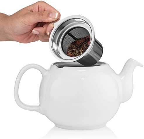SAKI Large Porcelain Teapot, 48 Ounce Tea Pot with Infuser, Loose Leaf and Blooming Tea Pot - White - Image 3