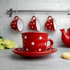 City to Cottage Handmade Red and White Polka Dot Ceramic 8.4oz/250ml | Cappuccino, Coffee, Tea Cup and Saucer, Unique Designer Pottery for Tea Lovers - Image 2